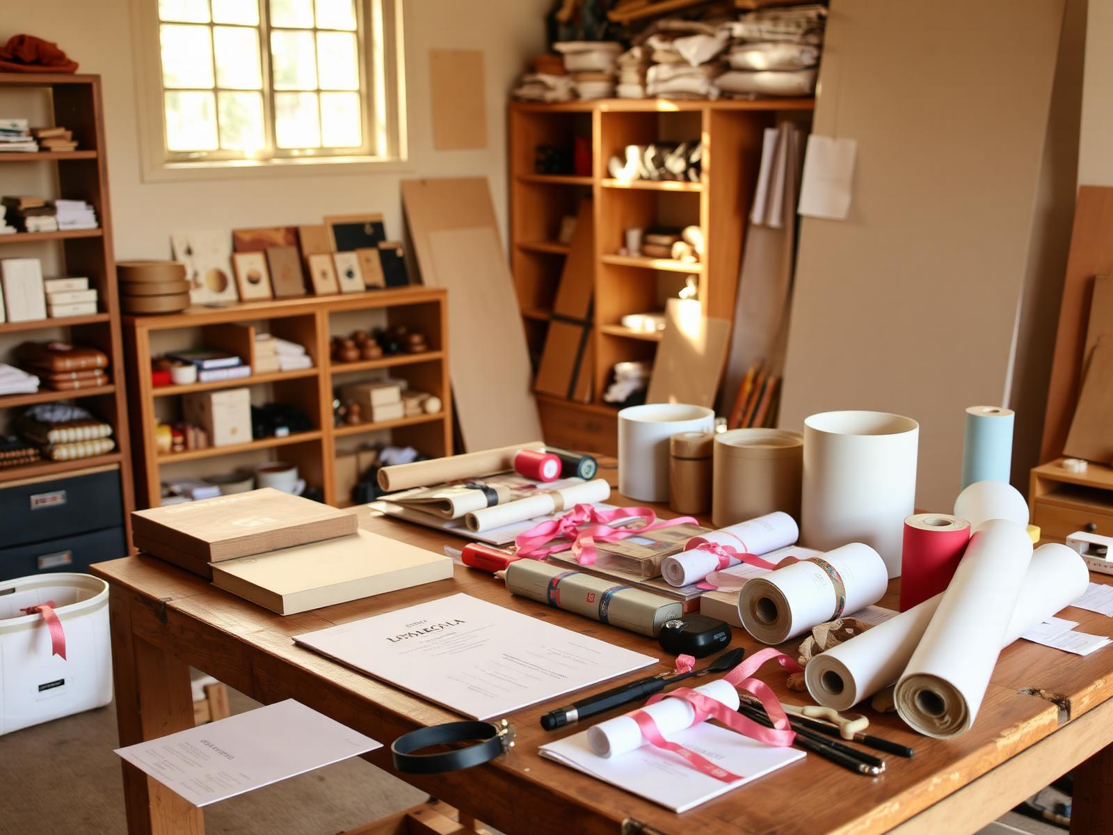 Atelier workspace with paper rolls, ribbon spools and packaging samples
