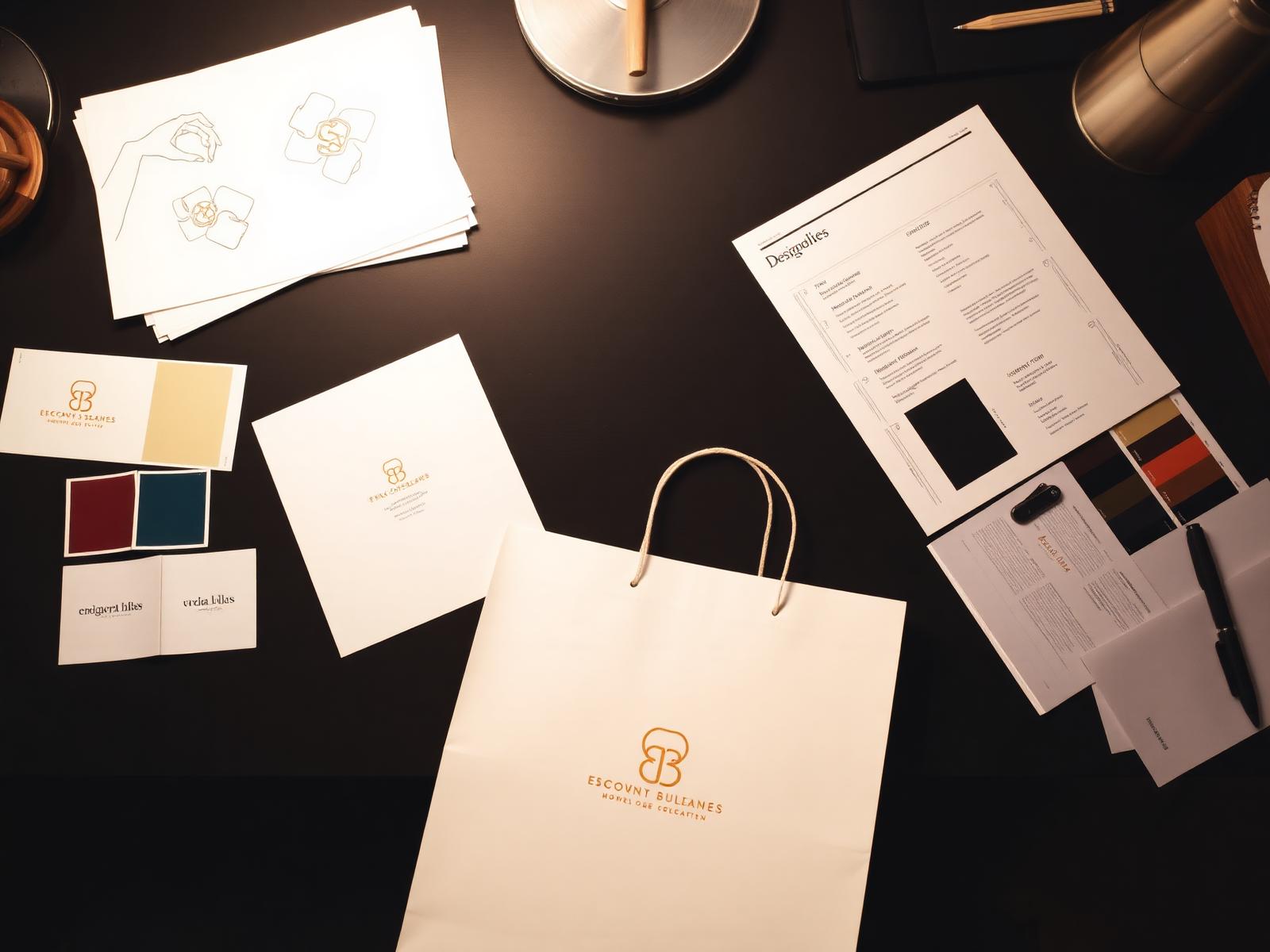Designer's desk with logo sketches, color swatches and a finished branded paper bag